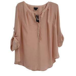 Torrid Georgette Top Blush Pink Tie Neck Long Sleeves Roll Tab Size 0 (Large)